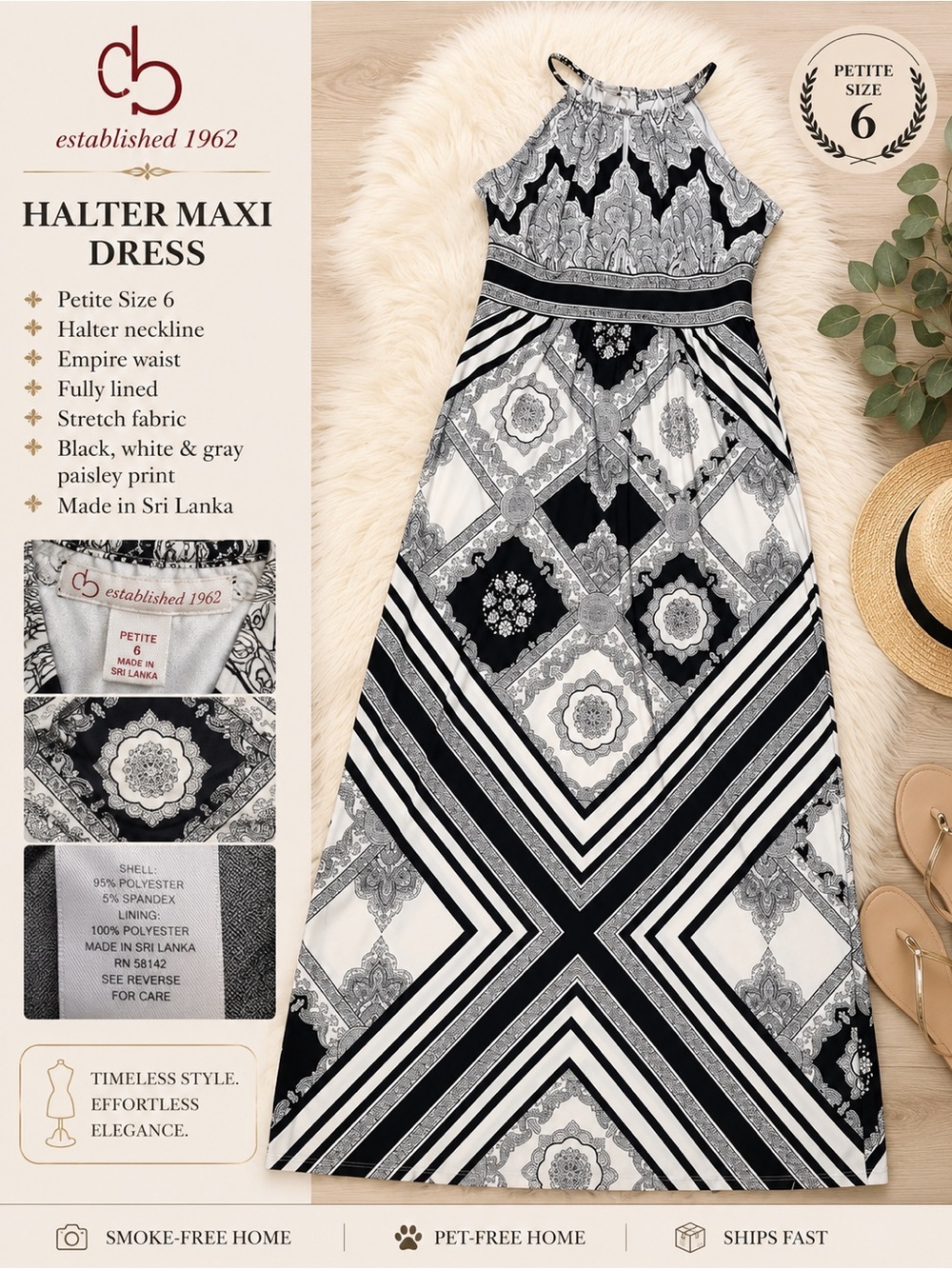 Established 1962 Petite 6 Black White Paisley Halter Maxi Dress Lined